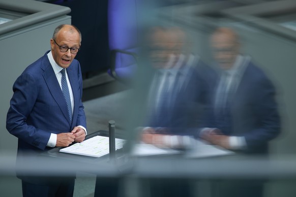 epa13224482 German Chancellor Friedrich Merz speaks during a debate at the German parliament, the Bundestag, in Berlin, Germany, 09 September 2026. Members of parliament discuss, among other topics, t ...