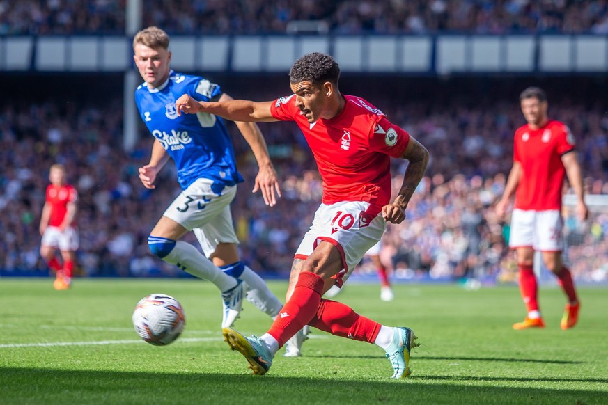 Premier League Everton v Nottingham Forest Morgan Gibbs-White 10 of Nottingham Forest looking to make an impact after coming on as a substitute Liverpool Goodison Park Merseyside United Kingdom Copyri ...