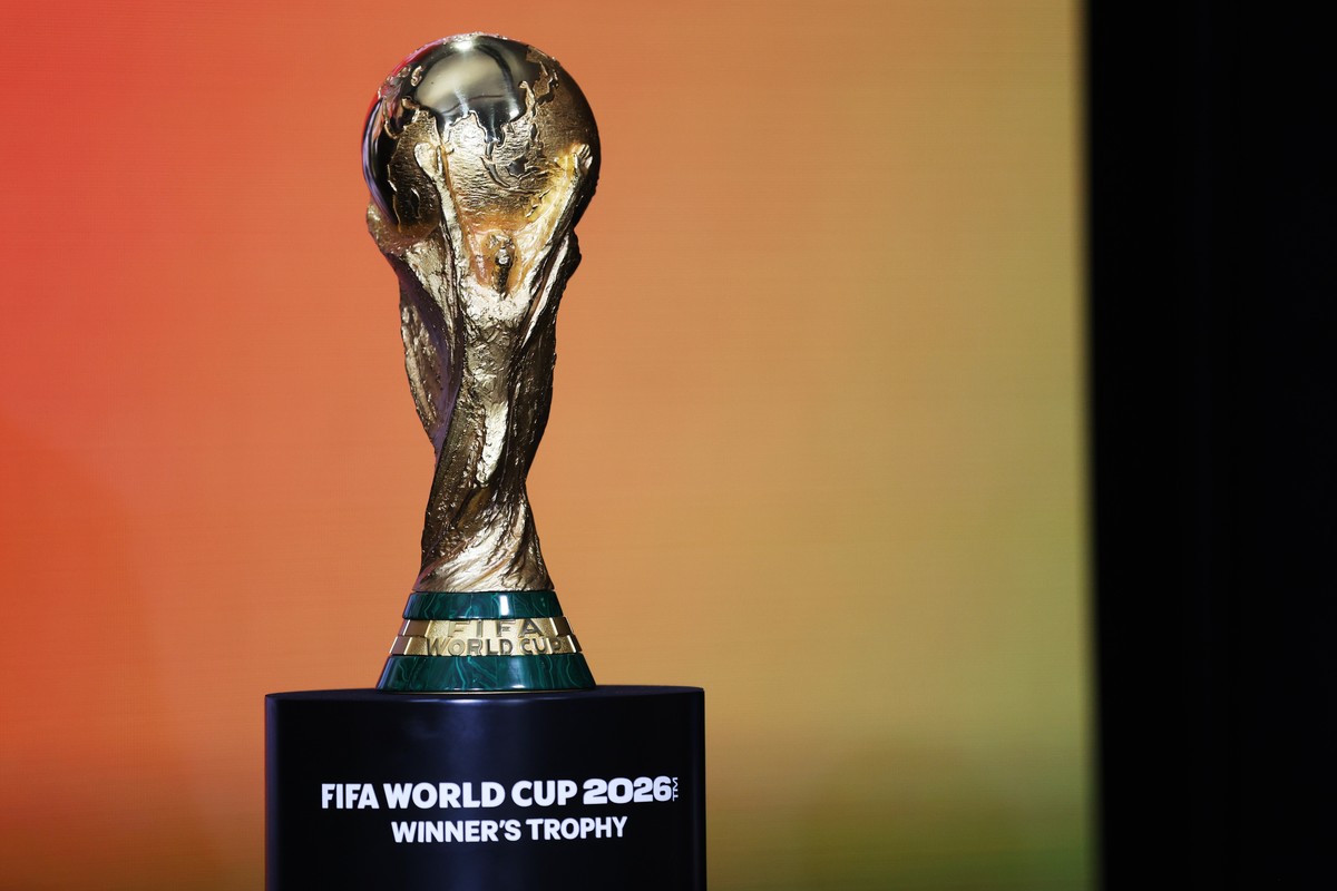 A FIFA World Cup trophy is displayed on stage for a panel on the 2026 FIFA World Cup soccer tournament halftime show at the Global Citizen NOW summit, Thursday, May 14, 2026, in New York. (AP Photo/He ...