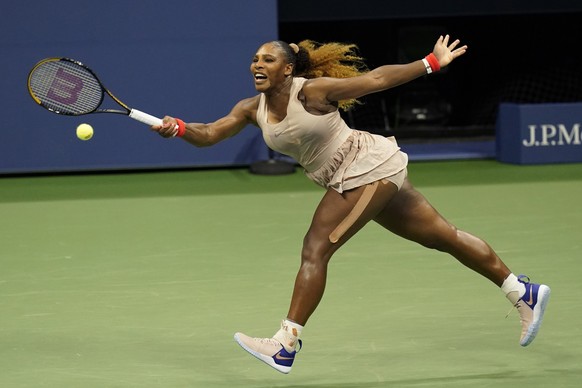 Serena Williams, of the United States, returns a shot to Margarita Gasparyan, of Russia, during the third round of the U.S. Open tennis championships, Thursday, Sept. 3, 2020, in New York. (AP Photo/F ...