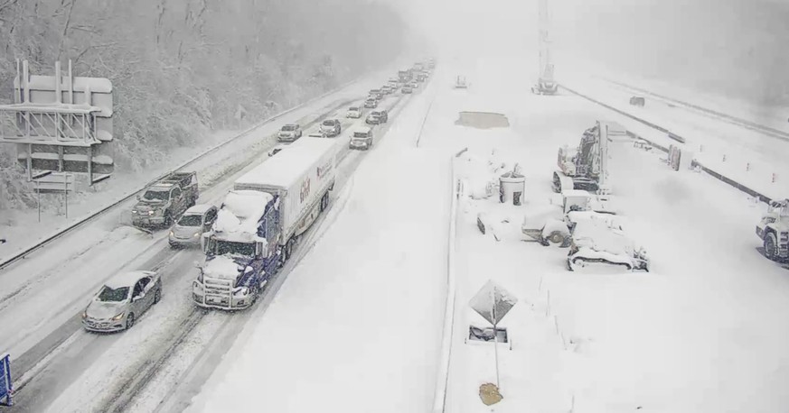 This image provided by the Virginia department of Transportation shows a closed section of Interstate 95 near Fredericksburg, Va. Monday Jan. 3, 2022. Both northbound and southbound sections of the hi ...