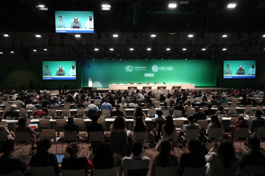 COP28 President Sultan al-Jaber speaks during a plenary session during the COP28 UN climate summit, Saturday, December 12.  9, 2023, in Dubai, United Arab Emirates.  (AP photo/Peter Dejong)