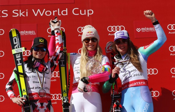 Anna Fenninger, Lindsey Vonn und Tina Maze jubeln auf dem Podest. 
