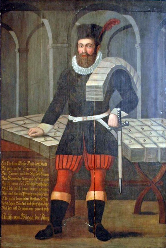 Der St. Galler Leinwandhändler Claus Gugger steht stolz vor seiner mit dem Qualitätszeichen G für «Gut» gekennzeichneten Ware. Das Tafelbild hing bis 1874 am Ort, wo die Leinwandschau abgehalten wurde ...