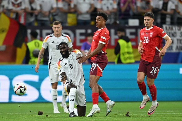 Antonio Rudiger GermanyDan Ndoye SwitzerlandFabian Rieder Switzerland during the UEFA EURO, EM, Europameisterschaft,Fussball Germany 2024 match between Switzerland 1-1 Germany at Frankfurt Arena on Ju ...