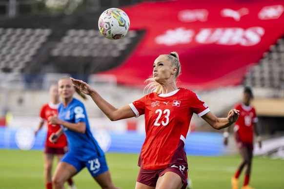 Switzerland&#039;s forward Alisha Lehmann in action during the UEFA Women&#039;s European Qualifiers League B Group B1 soccer match between Switzerland and Azerbaijan, at the stade olympique de la Pon ...