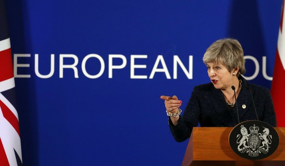 British Prime Minister Theresa May speaks during a media conference at an EU summit in Brussels, Friday, March 22, 2019. Worn down by three years of indecision in London, EU leaders on Thursday were g ...
