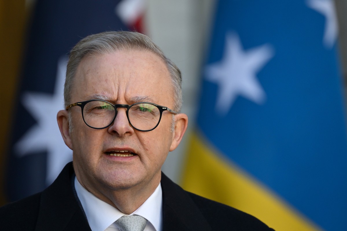 epa11438205 Australian Prime Minister Anthony Albanese speaks to the media during a press conference with Solomon Islands Prime Minister Jeremiah Manele (not pictured) at the Australian Parliament Hou ...