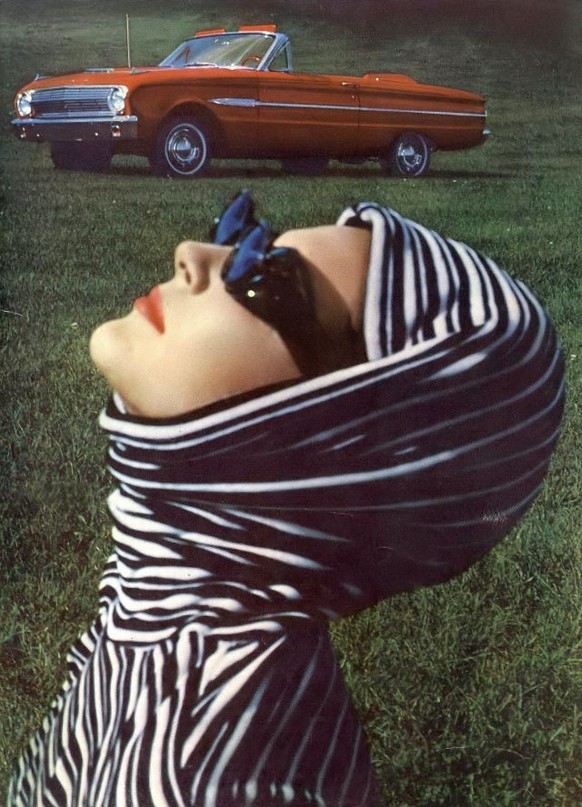 Model in hooded pullover of black and white striped cotton and stretch nylon by Shirt Tree, car is Ford Falcon Futura convertible, photo by Gene Laurents, Vogue, November 15, 1962