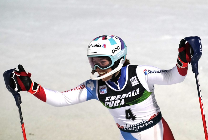 Switzerland&#039;s Michelle Gisin arrives at the finish area of an alpine ski, women&#039;s World Cup Slalom, in Zagreb, Croatia, Sunday, Jan. 3, 2021. (AP Photo/Giovanni Auletta)