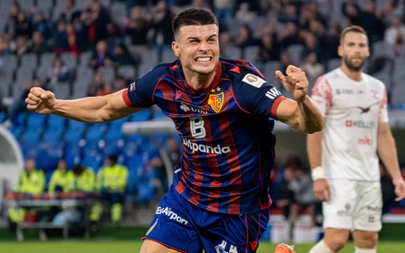 Basel, Switzerland, October 18th 2025: Flavius Daniliuc 24 Basel celebrates after his first scoring for the FC Basel during the Brack Super League football match between FC Basel 1893 and FC Winterthu ...
