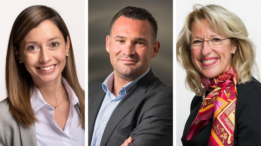Marcel Dobler (Mitte) könnte sich vorstellen, die FDP zu präsidieren. Er wünscht sich aber eine Co-Präsidentin. Zwei mögliche Kandidatinnen sind dabei Johanna Gapany (links) und Jacqueline de Quattro.