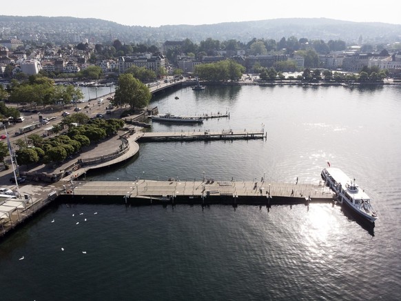 Die Schiffstation Buerkliplatz mit einem am Schiffsteg angelegten Kursschiff auf dem Zuerichsee, am 25. Juni 2019 in Zurich. (KEYSTONE/Christian Beutler)