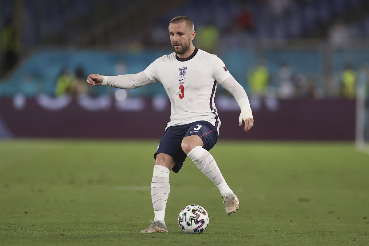 England's Luke Shaw controls the ball during the Euro 2020 soccer championship quarterfinal soccer match between Ukraine and England at the Olympic stadium, in Rome, Italy, Saturday, July 3, 2021 ...