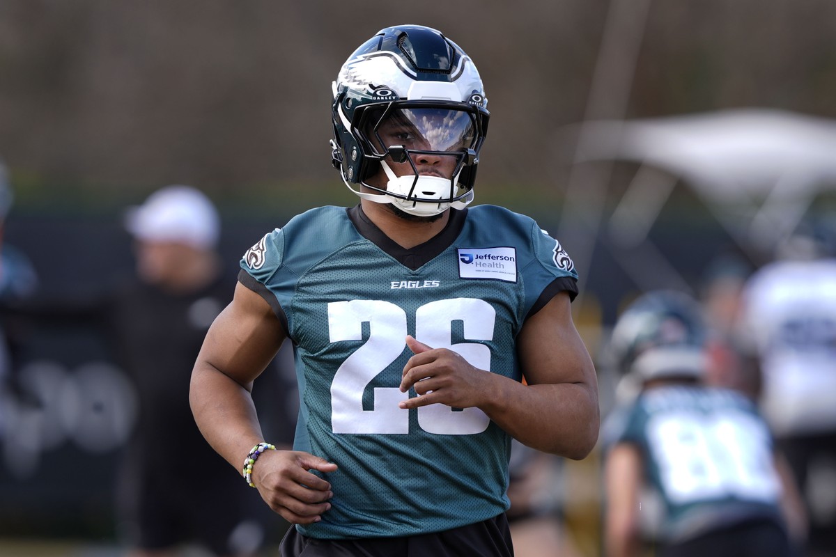 Philadelphia Eagles running back Saquon Barkley (26) runs through drills during an NFL football practice Wednesday, Feb. 5, 2025, in New Orleans, ahead of Super Bowl 59 against the Kansas City Chiefs. ...