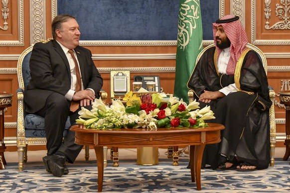 epa07097722 A handout photo made available by the US Department of State shows US Secretary of State Michael R. Pompeo (L) meeting with Saudi Crown Prince Mohammed bin Salman(R) in Riyadh, Saudi Arabi ...