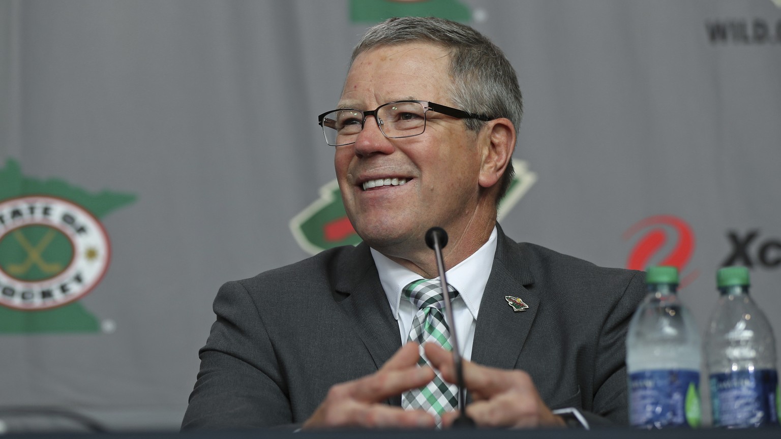 New Minnesota Wild NHL hockey team general manager Paul Fenton smiles during an introductory press conference in St. Paul, Minn., Tuesday, May 22, 2018. (Shari L. Gross/Star Tribune via AP)