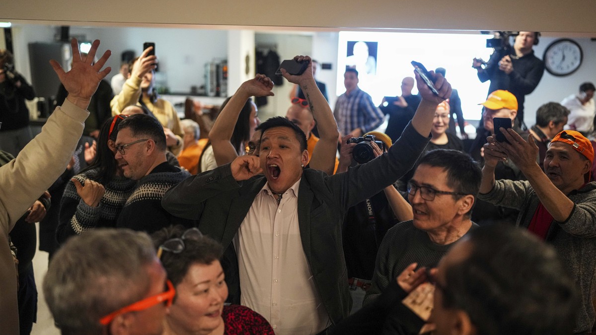 Members of the Naleraq party celebrate during a party after parliamentary elections in Nuuk, Greenland, Tuesday, March 11, 2025. (AP Photo/Evgeniy Maloletka)
Greenland Elections