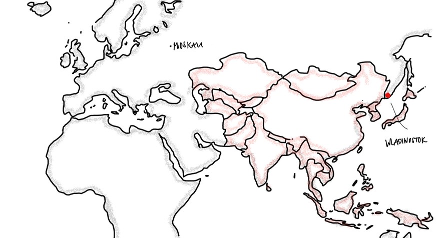 Rot umrahmte Länder wären näher für Wladiwostok. Es sind dies: Afghanistan, Bangladesch, Bhutan, Brunei, China, Guam, Indien, Indonesien, Japan, Kambodscha, Kasachstan, Kirgistan, Laos, Macau, Malaysi ...