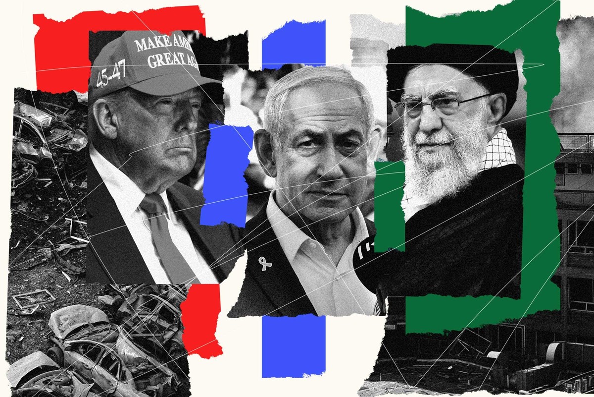 Wars das? Krieg zwischen Iran, Israel und der USA. Photomontage zeigt Donald Trump, Benjamin Netanyahu, Ayatollah Ali Khamenei über Bildern von zerstörten Fahrzeugen und Gebäuden