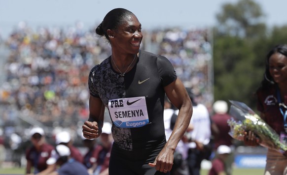 FILE - South Africa's Caster Semenya smiles after winning the women's 800-meter race during the Prefontaine Classic, an IAAF Diamond League athletics meeting, in Stanford, Calif. USA, Sunday ...