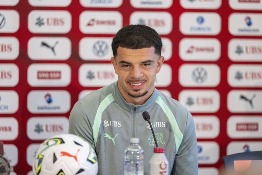 Player Zeki Amdouni from Switzerland at a press conference one day ahead of the UEFA Nations League B of Group 1 soccer match between Switzerland and North Macedonia at the Thermoplanarena in Luzern,  ...