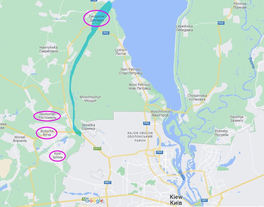 Auf der Karte ist ersichtlich, wie die Überschwemmung Demydevs russische Truppen zu einem Umweg entlang des Westufers des Irpins gezwungen hat.