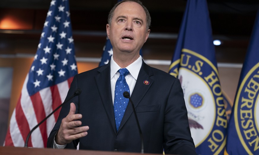 House Intelligence Committee Chairman Adam Schiff, D-Calif., talks to reporters about the release by the White House of a transcript of a call between President Donald Trump and Ukrainian President Vo ...