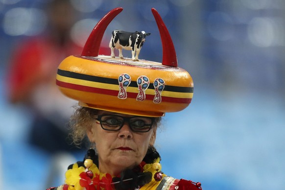 A supporter of Belgium arrives for the semifinal match between France and Belgium at the 2018 soccer World Cup in the St. Petersburg Stadium in, St. Petersburg, Russia, Tuesday, July 10, 2018. (AP Pho ...