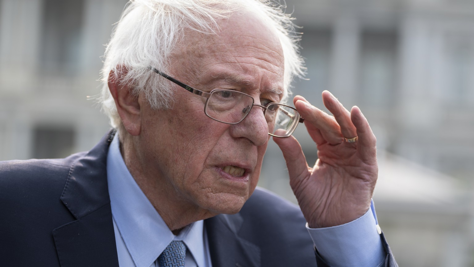 epa10752257 US Senator Bernie Sanders (Independent of Vermont) speaks to the media after meeting with US President Joe Biden at the White House in Washington, DC, USA, 17 July 2023. EPA/Chris Kleponis ...