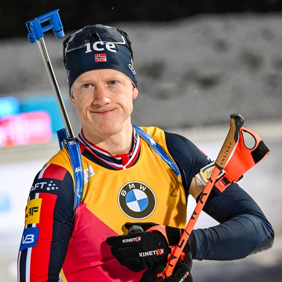 epa11764632 Johannes Thingnes Boe of Norway at the shooting range before the Men 15km Mass Start race of the IBU World Cup Biathlon in Kontiolahti, Finland, 08 December 2024. EPA/Kimmo Brandt
