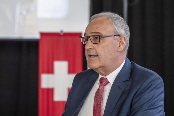 Der Bundesrat, Guy Parmelin anlaesslich einer Delegiertenversammlung der SVP vom Samstag, 1. Juli 2023 in Kuessnacht am Rigi. (KEYSTONE/Urs Flueeler).