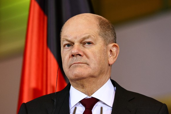 epa10989861 German Chancellor Olaf Scholz attends a press conference with Italian Prime Minister Giorgia Meloni (unseen) prior to German-Italian government consultations at the Chancellery in Berlin,  ...