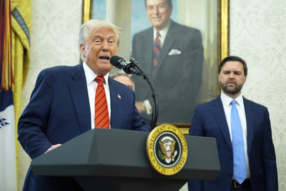 President Donald Trump speaks before Steve Witkoff is sworn as special envoy during a ceremony in the Oval Office of the White House, Tuesday, May 6, 2025, in Washington, as Vice President JD Vance wa ...