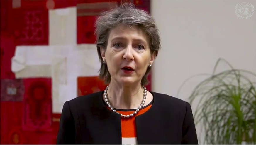 In this image made from UNTV video, Simonetta Sommaruga, President of the Swiss Confederation, speaks in a pre-recorded message which was played during the U.N. General Assembly&#039;s special session ...