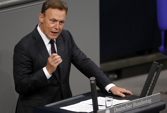 epa08774252 (FILE) - The then Group Chairman of the Social Democratic Party (SPD) Thomas Oppermann speaks during the vote for the legalization of the same sex marriage at the German Parliament (Bundes ...