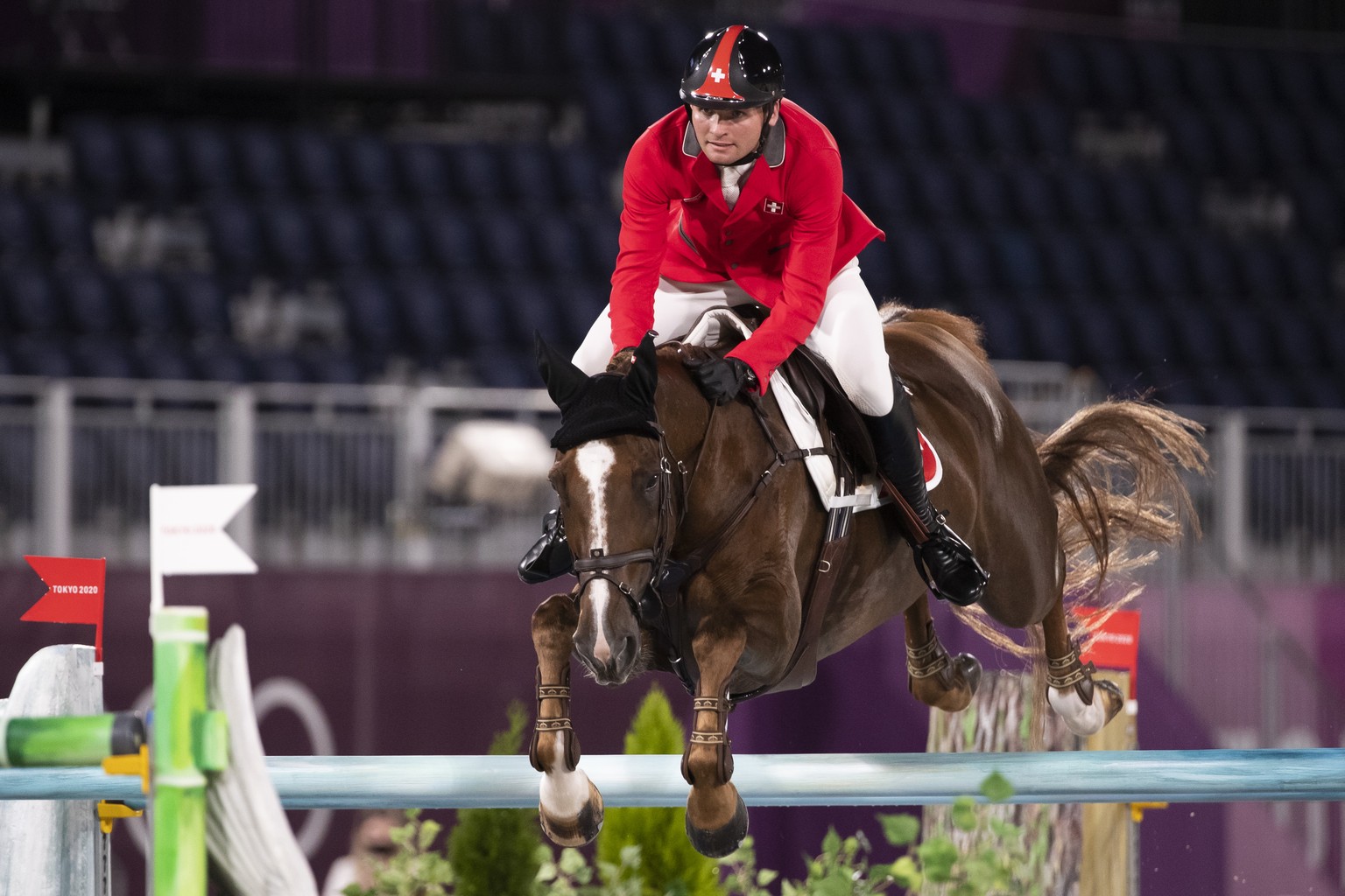 Bryan Balsiger of Switzerland riding Twentytwo des Biches competes in the equestrian team jumping final at the 2020 Tokyo Summer Olympics in Tokyo, Japan, on Saturday, August 07, 2021. (KEYSTONE/Peter ...