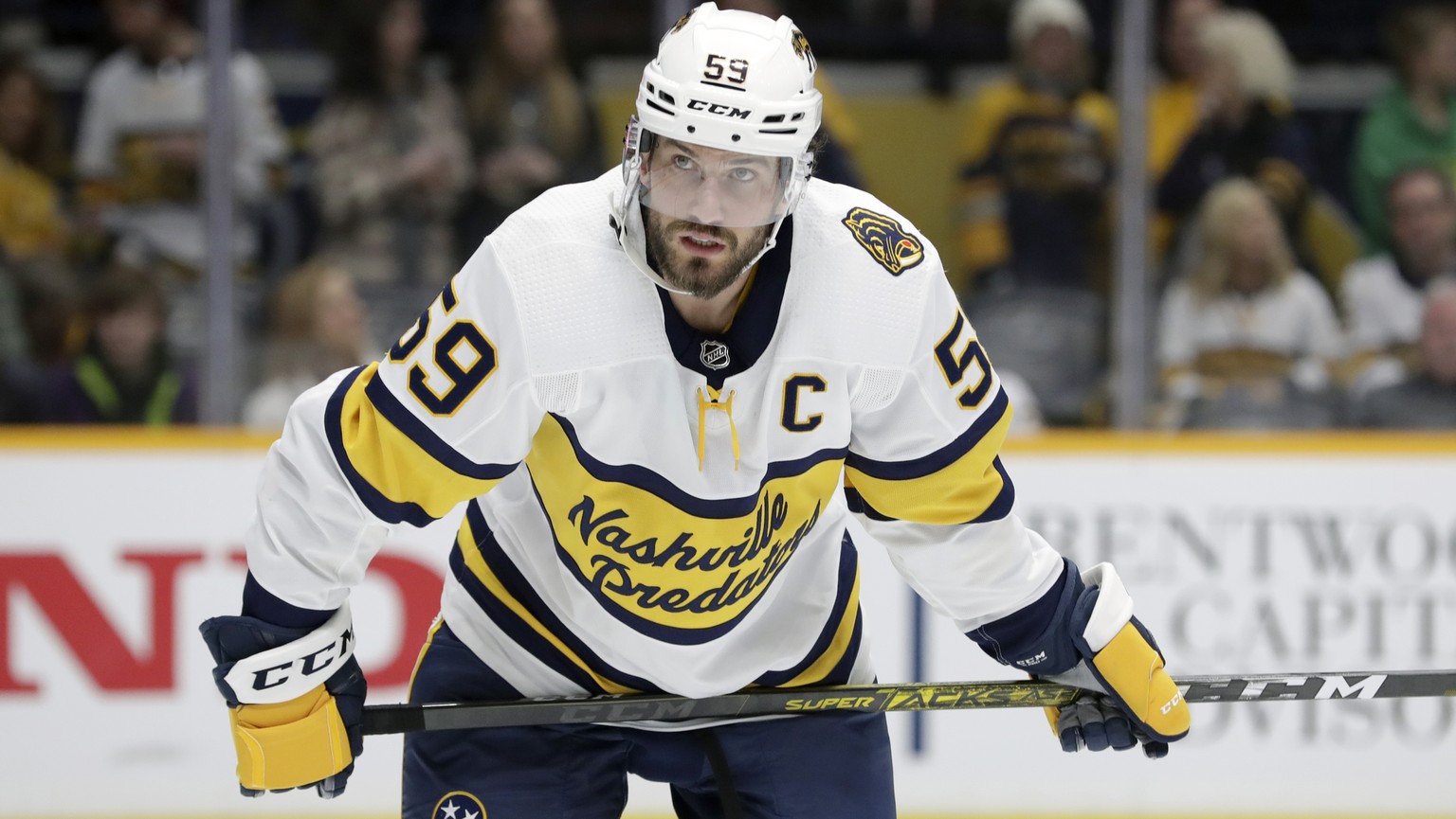 FILE - In this Sunday, Feb. 16, 2020 file photo, Nashville Predators defenseman Roman Josi, of Switzerland, plays against the St. Louis Blues in the third period of an NHL hockey game in Nashville, Te ...