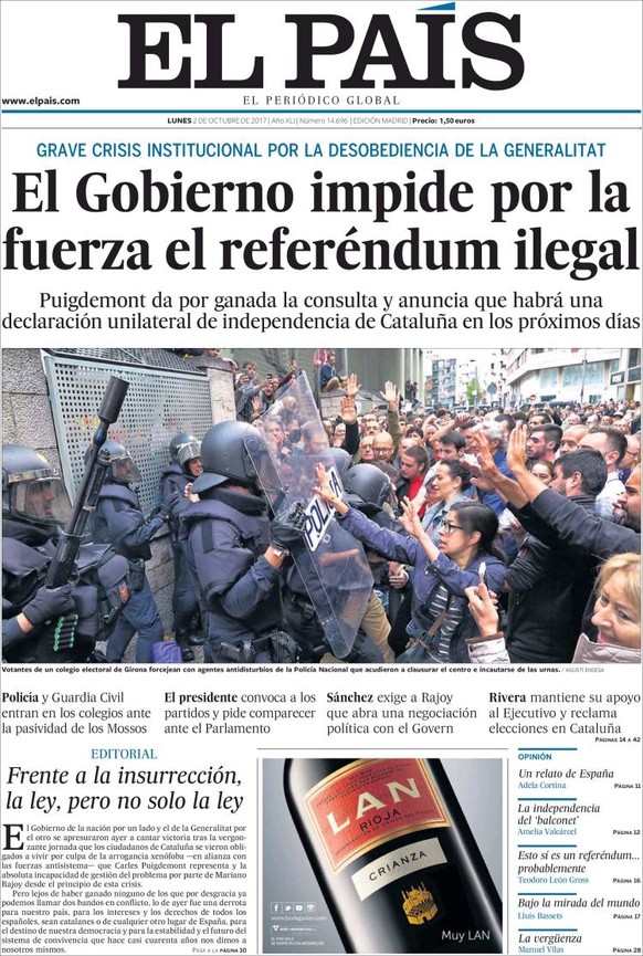 Spaniens grösste Tageszeitung ist «El Pais». Das linksliberale Blatt titelt:  «Die Regierung verhindert mit Gewalt die Abstimmung über das illegale Referendum.»