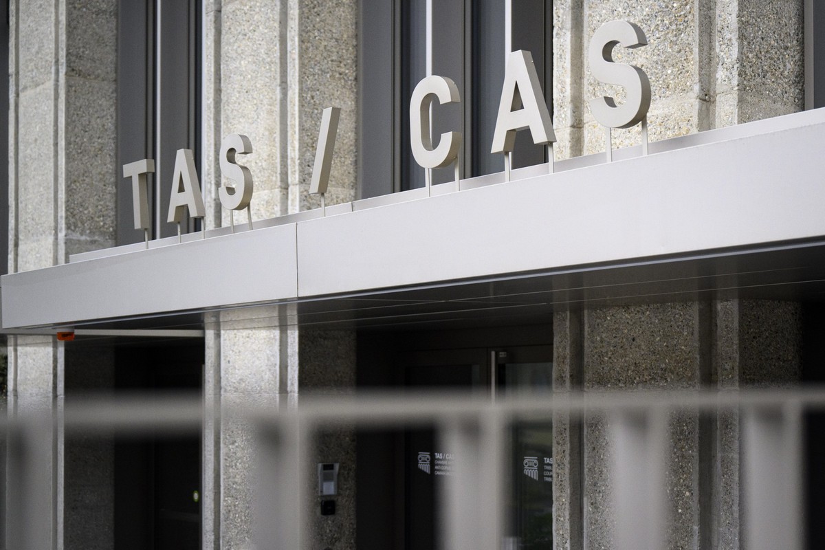 A TAS / CAS logo pictured at the TAS entrance during the hearing of Former WTA number 1 tennis player Simona Halep of Romania arbitration procedures against International Tennis Integrity Agency (ITIA ...