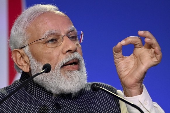 India&#039;s Prime Minister Narendra Modi speaks during the World Leaders&#039; Summit &quot;Accelerating Clean Technology Innovation and Deployment&quot;, at the COP26 Summit, in Glasgow, Scotland, T ...