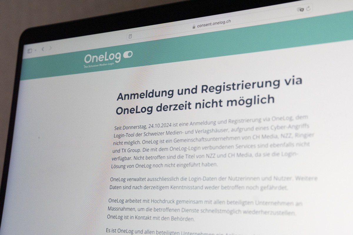 Blick auf die Einstiegsseite von OneLog auf einem Computerbildschirm, am Freitag, 25. Oktober 2024 in Zuerich. Ein Hackerangriff hat die von etlichen Schweizer Medien genutzte Login-Plattform OneLog l ...