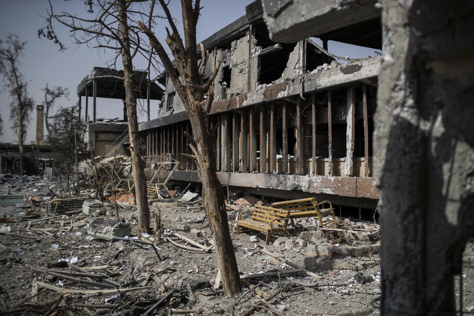 An external view of Mosul&#039;s main hospital complex shows damage after it was retaken by Iraqi forces during fighting against Islamic State militants, in Mosul, Iraq, Tuesday, July 4, 2017. (AP Pho ...