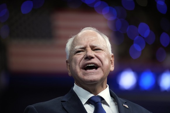 Democratic vice presidential nominee Minnesota Gov. Tim Walz speaks at a campaign rally in Philadelphia, Tuesday, Aug. 6, 2024. (AP Photo/Matt Rourke)