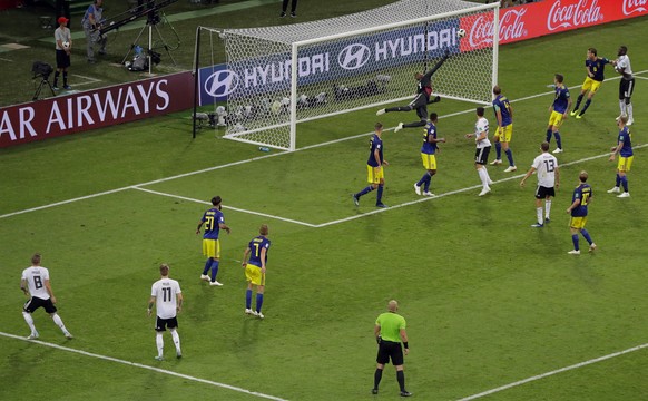 Germany&#039;s Toni Kroos, far left, scores his side&#039;s second goal during the group F match between Germany and Sweden at the 2018 soccer World Cup in the Fisht Stadium in Sochi, Russia, Saturday ...