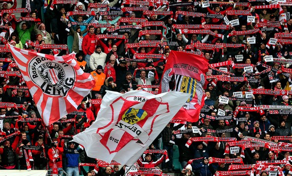 LEIPZIG, GERMANY - FEBRUARY 15: Supporters of Leipzig cheer during the Second Bundesliga match between RB Leipzig and FSV Frankfurt at Red Bull Arena on February 15, 2015 in Leipzig, Germany. (Photo b ...