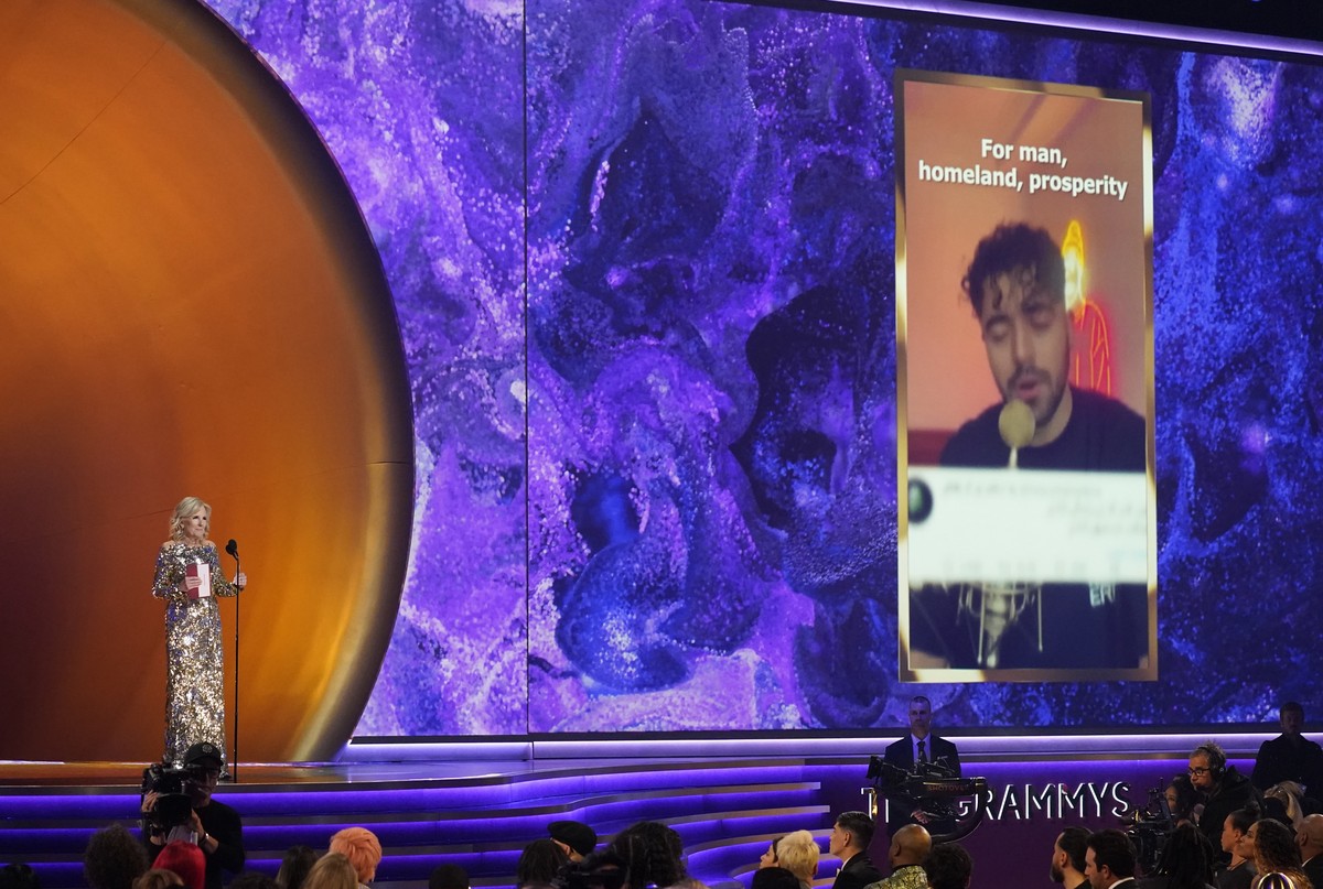 First lady Jill Biden accepts the award for best song for social change on behalf of Shervin Hajipour for "Baraye" at the 65th annual Grammy Awards on Sunday, Feb. 5, 2023, in Los Angeles. ( ...