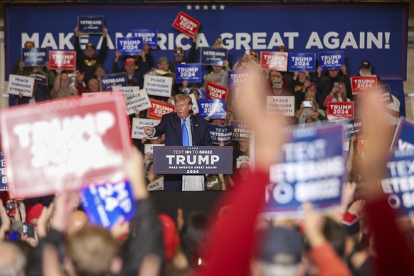 Former President Donald Trump leaves the stage at a campaign rally Saturday, Nov. 11, 2023, in Claremont, N.H. (AP Photo/Reba Saldanha)
Donald Trump