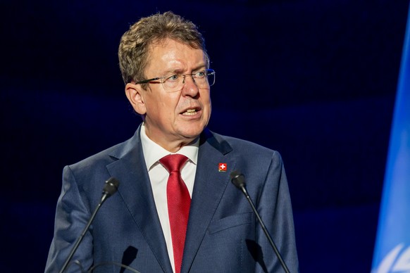 Switzerland's Federal councillor and minister of the Environment, Transport, Energy and Communications Albert Roesti, adresses his statement, during the Global Dialogue on AI Governance, at the P ...