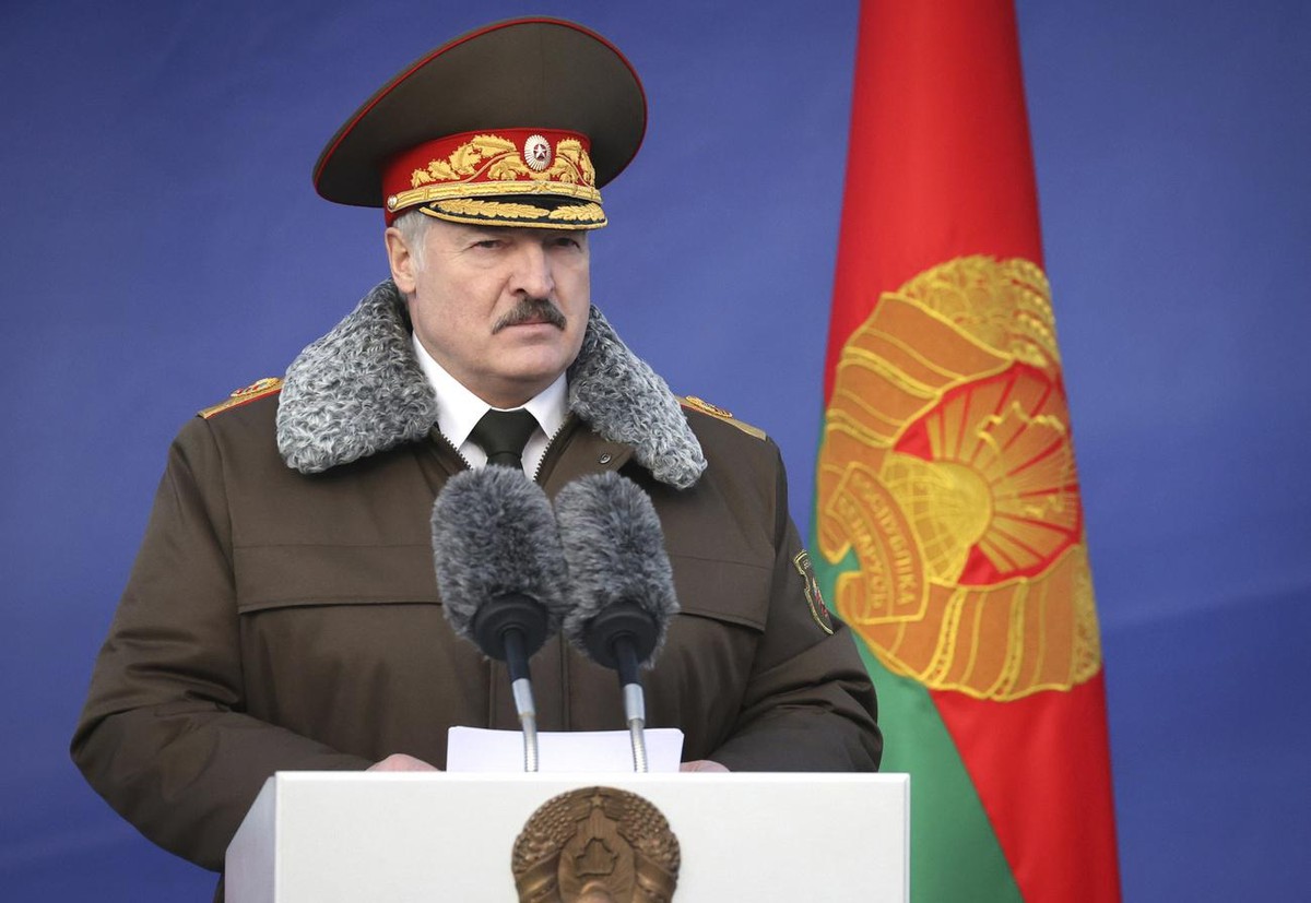 Belarusian President Alexander Lukashenko delivers his speech as he visits the Belarusian Interior Ministry special forces base in Minsk, Belarus, Wednesday, Dec. 30, 2020. (Maxim Guchek/BelTA Pool Ph ...